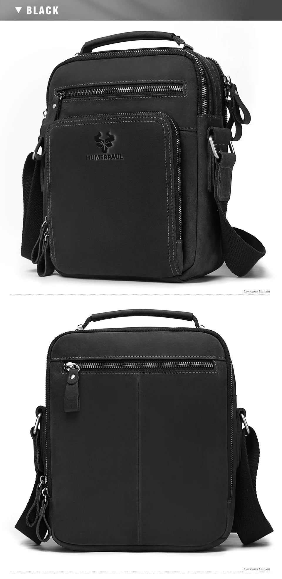 HUMERPAUL Genuine Leather Men's Shoulder Bag Vintage Cross Bags Large Capacity Male Messenger Tote Bag Travel Bolso Hombres