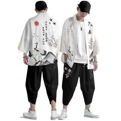 Large Size 5XL 6XL Japanese Kimono Cardigan Pants Set Print Fox Men Women Shirt Tradition Yukata Haori Obi Cosplay Costume