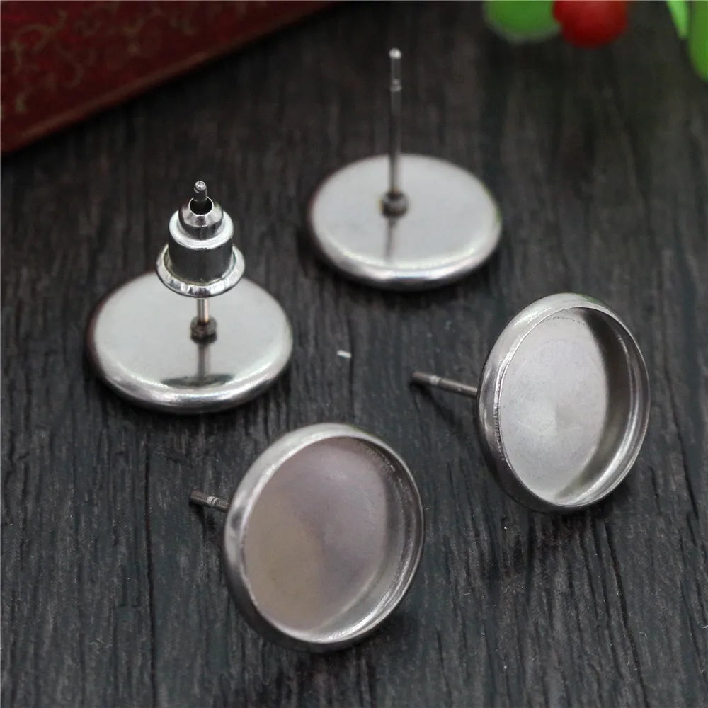 (Never Fade) 6/8/10/12/14/16/18/20mm Stainless Steel Earring Base Studs Ear Cameo Settings Cabochon Base Tray Blank (With Back)