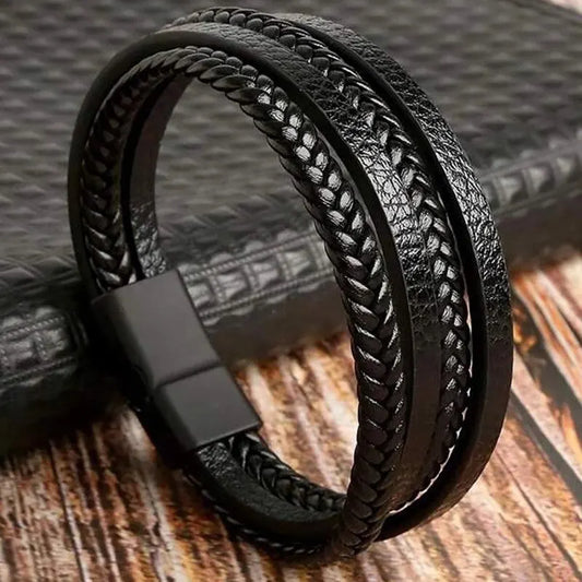 21cm Trendy Leather Bracelets Men Stainless Steel Multilayer Braided Rope Bracelets For Male Bracelets Jewelry