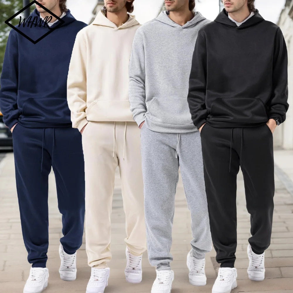 Men's Autumn and Winter Solid Color Hoodie+jogging Pants Two-piece Set Fashionable Outdoor Casual Sportswear Men's Tracksuit