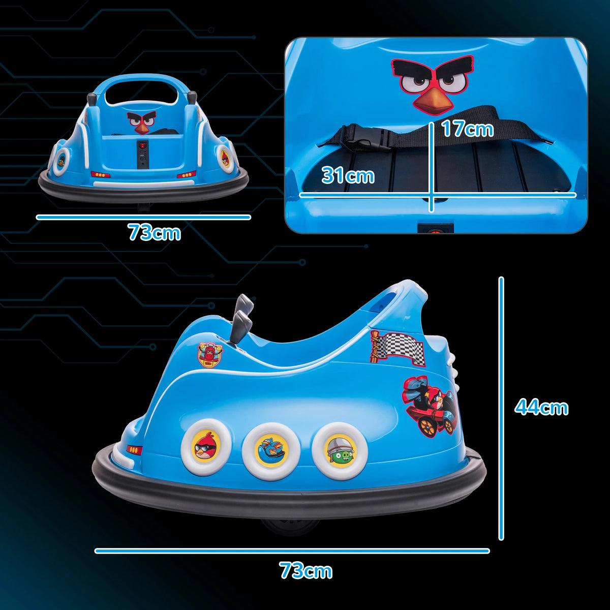 12V licensed Angry Bird electric bumper car for children, 360° rotating car, 73x73x44 cm, blue