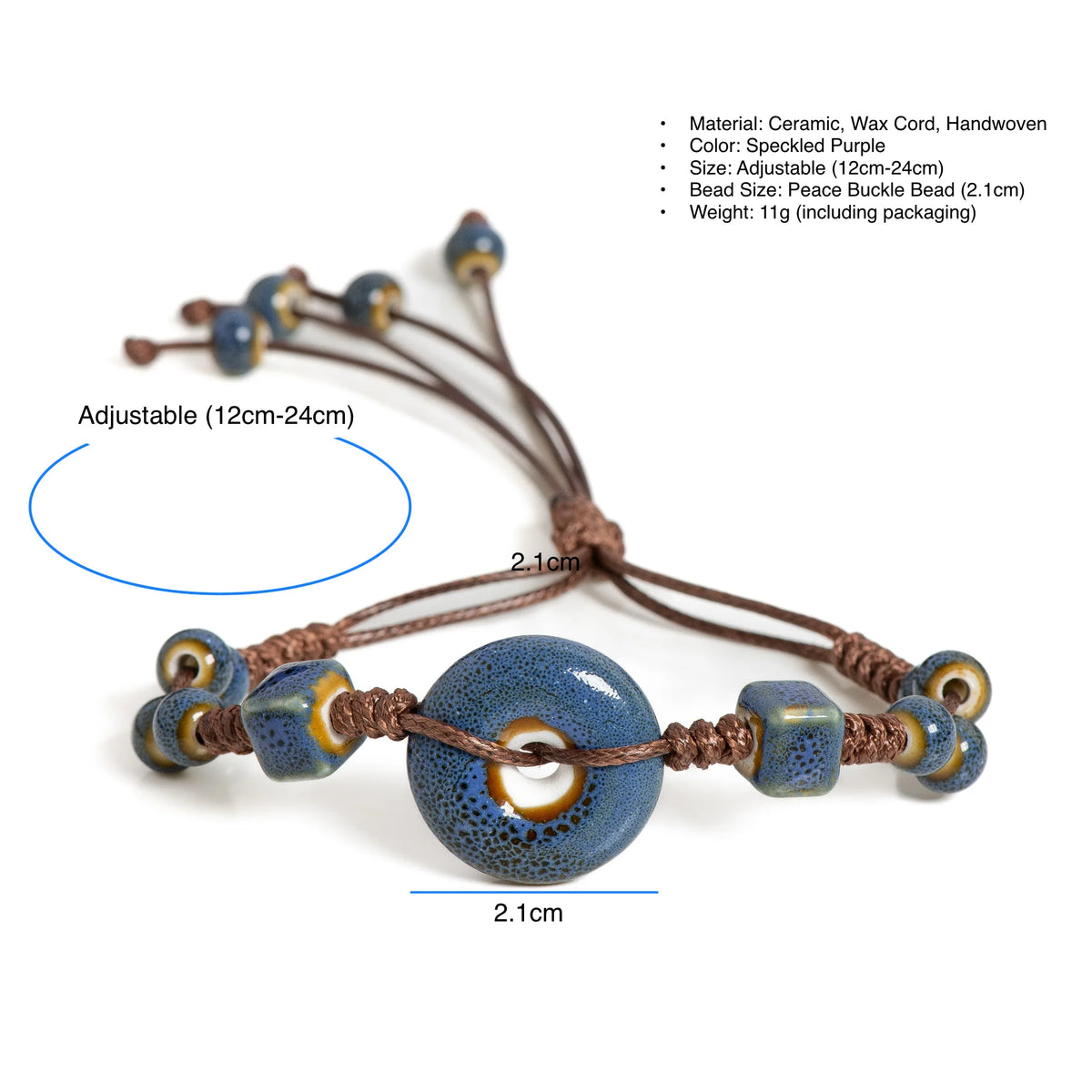 Handmade Glazed Ceramic Peace Buckle Bracelet Adjustable Vintage Boho Jewelry – S02-013