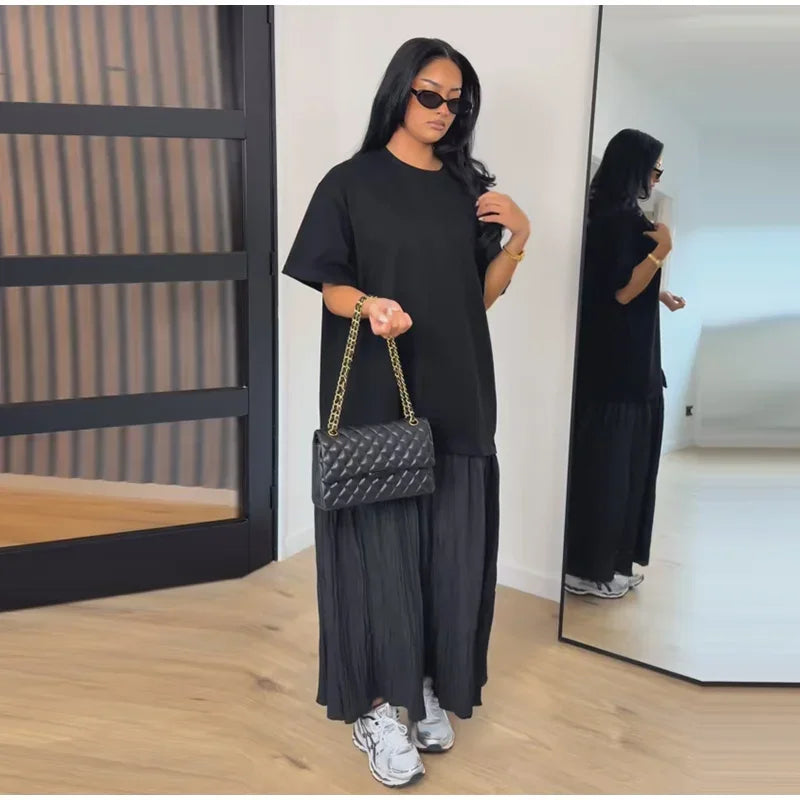 2026 Summer New Loose Patchwork Dresses Women's Pleated Fashion Short Sleeve O-neck Long Robes Female Elegant Casual Dress