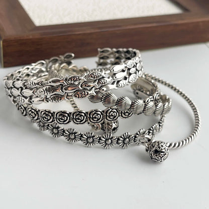 100% Solid 925 Sterling Silver Retro Bracelet for Women Men Vintage Handmade Flower Patern Bracelet Birthday Gift
