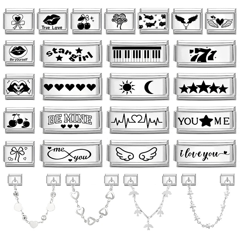 Laser Engraving Piano Heart Star Wings NO.7 Lips Italian Charm Links Fit 9mm Bracelet Stainless Steel Men Women DIY Making Gifts
