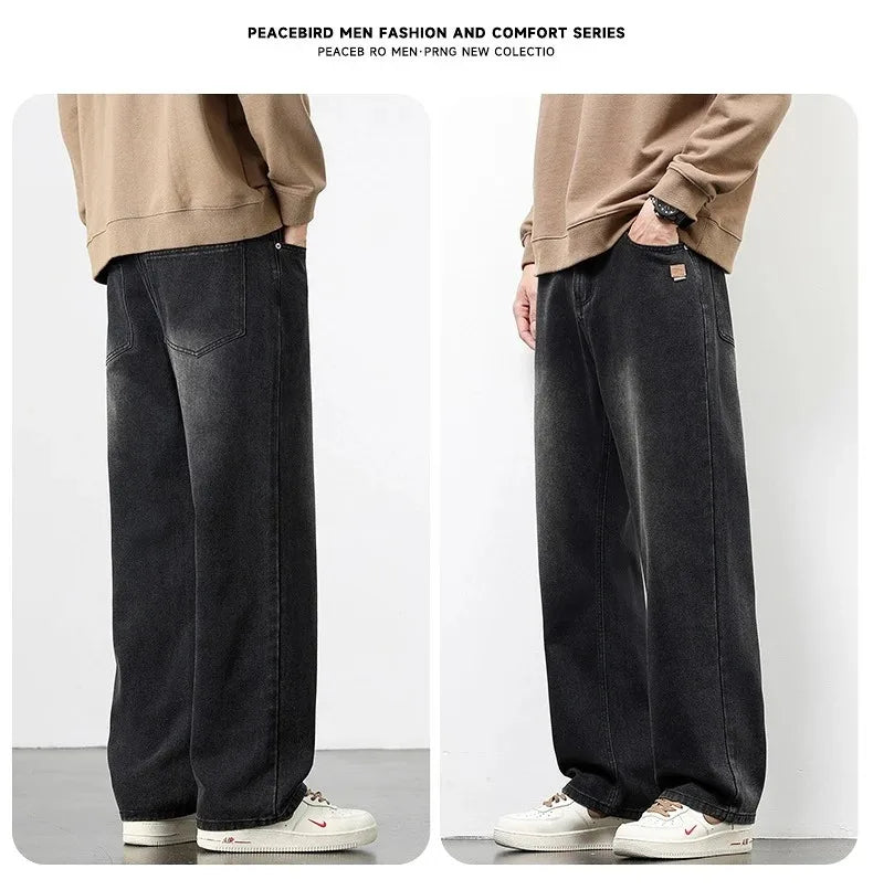 Spring Autumn American Retro Straight Jeans Men Streetwear Korean Fashion Loose Baggy Wide Leg Denim Pants Male Casual Trousers