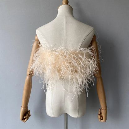 Jaxmonoy New Women Ostrich Feather Tube Spring Summer Sexy Stretch Top Bra Lady Party Wedding Fashion Sleeveless Cropped Top