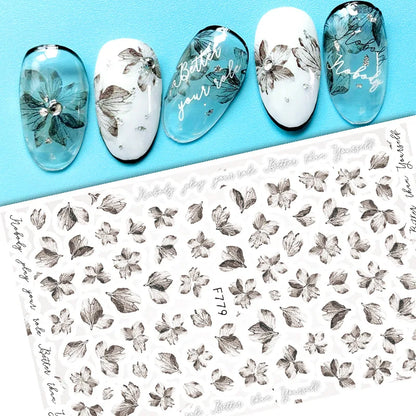 Black and White Love Flowers Line Art 3D Stickers Nail Decals Nail Art Accessories Butterfly Rose Nail Stickers Nail Sliders