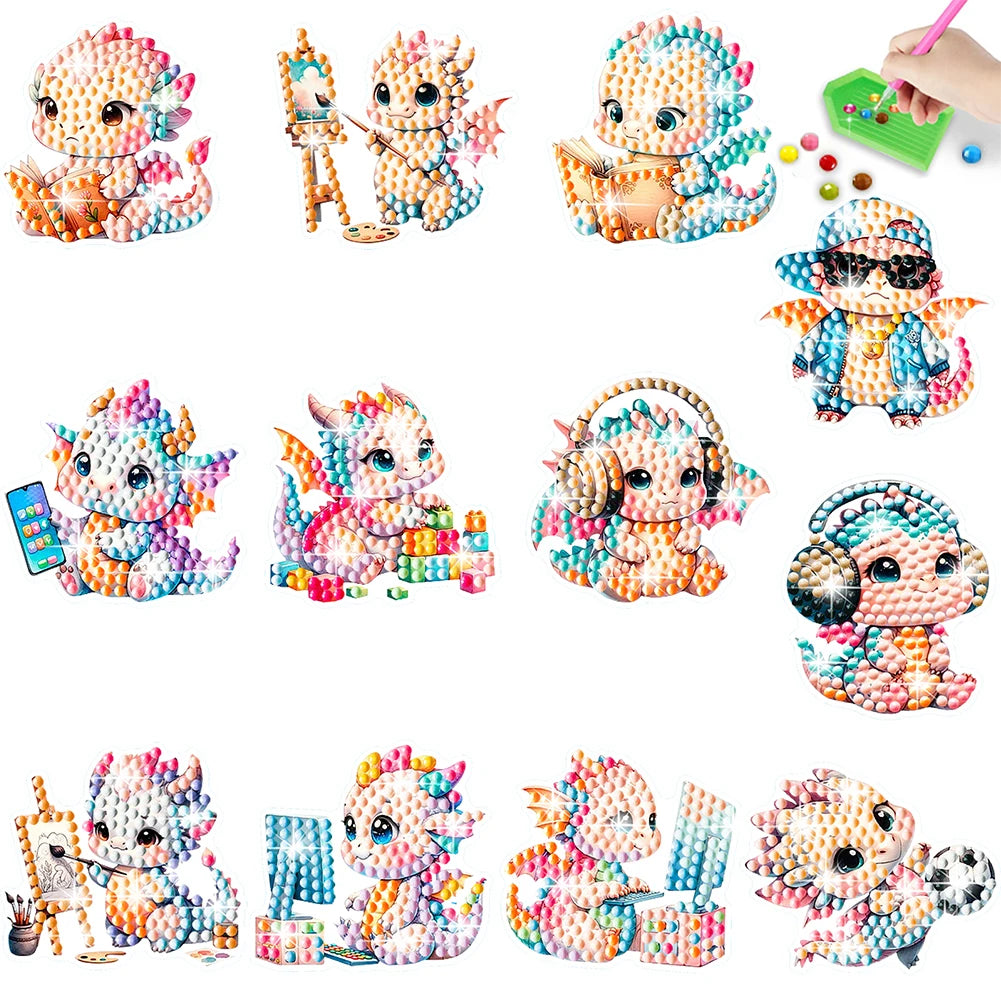 12Pcs Dragon Diamond Painting Sticker Cartoon Dragon Gem Sticker DIY Creative Mosaic Sticker Craft for Kids and Adult Beginners