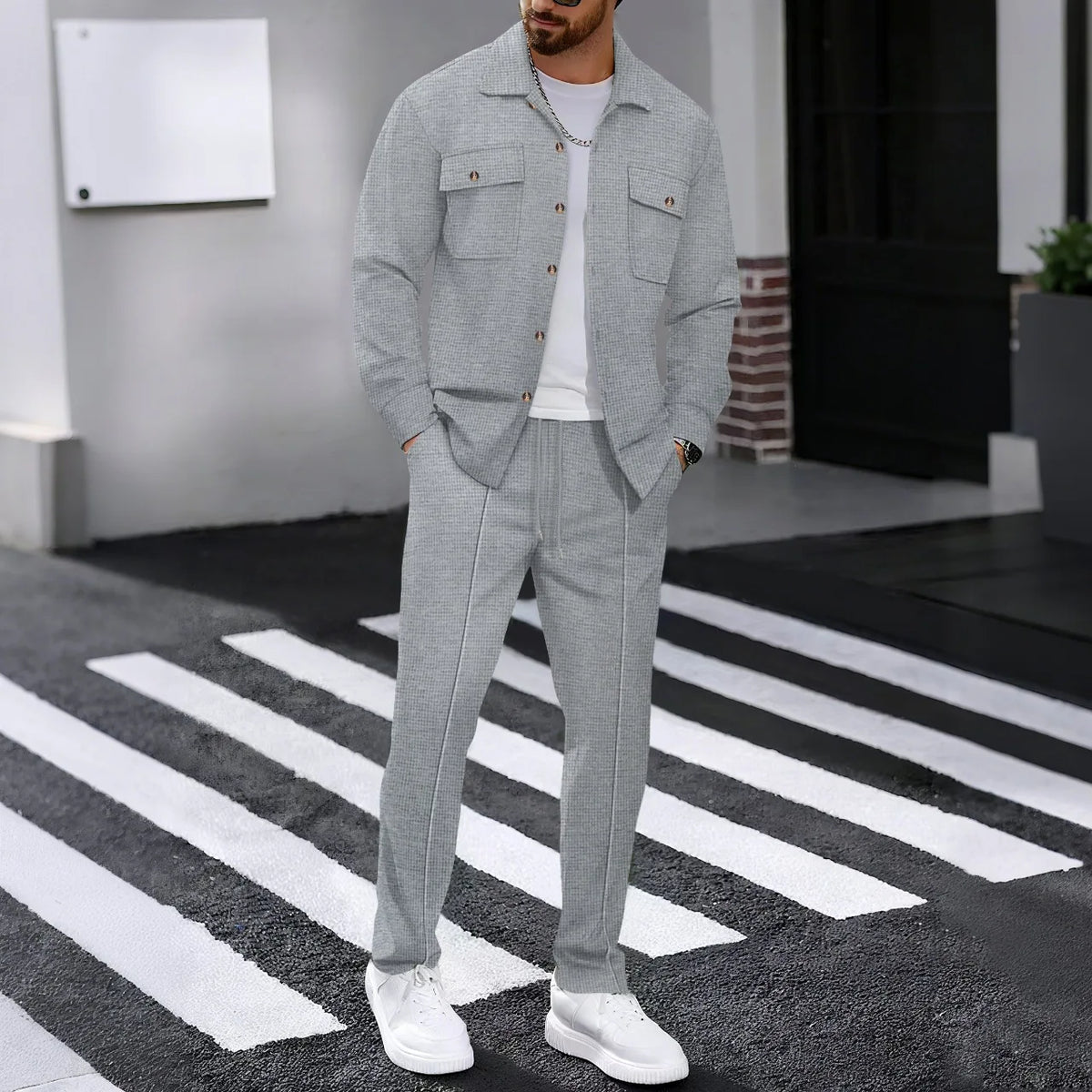 New Men's Solidcolor Waffle Longsleeved Pants Set High Quality Fashionable Comfortable With Double Pockets Workwear Style Cardig