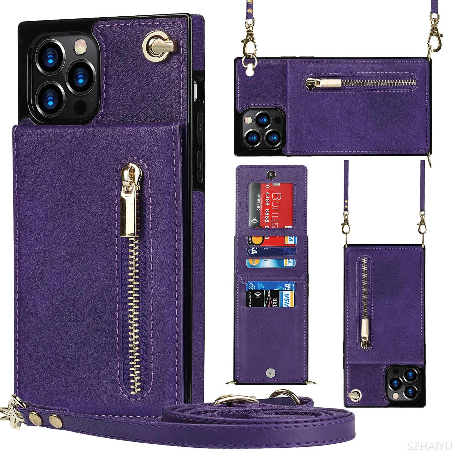 Zipper Wallet for IPhone 17 Air 16 16E 15 14 13 12 11 Pro Max Plus Case with Card Holder Lanyard Strap Crossbody Leather Cover