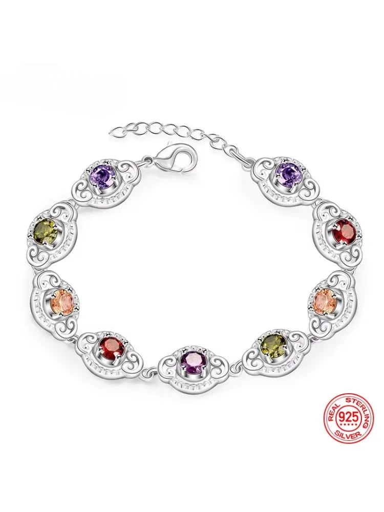 Fine 925 Sterling Silver Fashion Crystal Charm Bracelet  Bangle For Women lady wedding party lover gift Jewelry Party Gifts