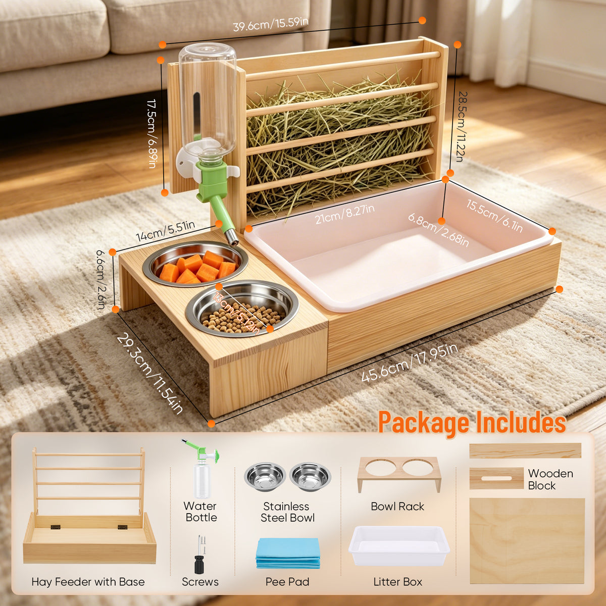 4-in-1 Hay Grater For Rabbits, Feeding Station Removable Hay Distributor For Guinea Pigs With Litter Tray, 2 Trays And Bottle Wood Feeder For Small Animals